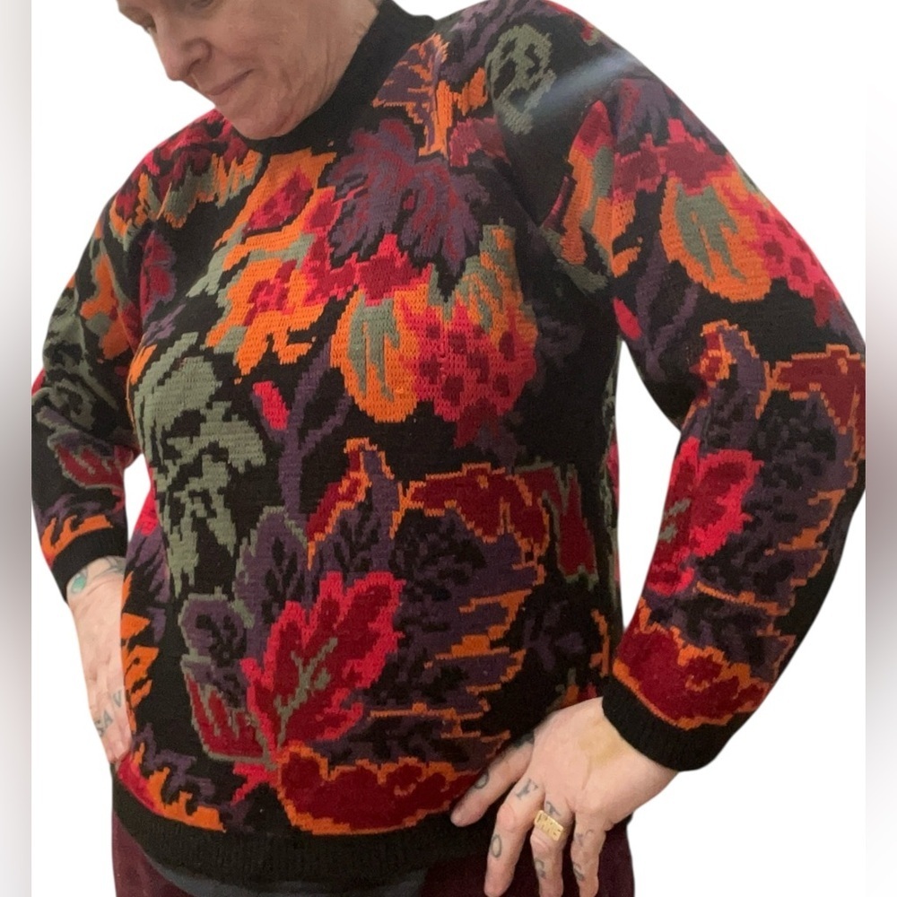Arielle maximalist Art to wear bold floral knit vintage chunky Sweater-L - Picture 2 of 8